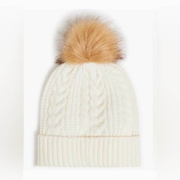 J. Crew nwt cream cable knit tan black pom pom beanie hat will keep you warm and - Picture 5 of 5
